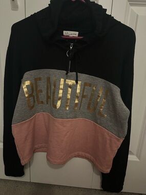 Sweet Rain Black Gray Pink Colorblock Hoodie with Gold 'BEAUTIFUL'